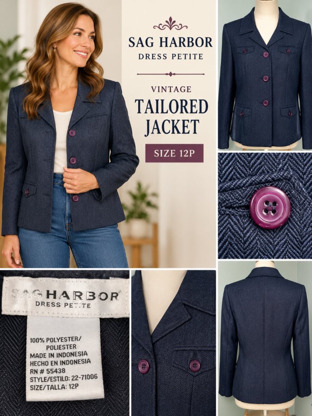 Vintage Sag Harbor Dress Petite 12P Navy Herringbone Tailored Blazer Jacket